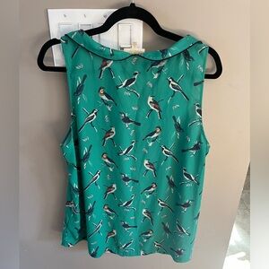 Modcloth Peter Pan Collar Green Bird Print sleeveless Blouse